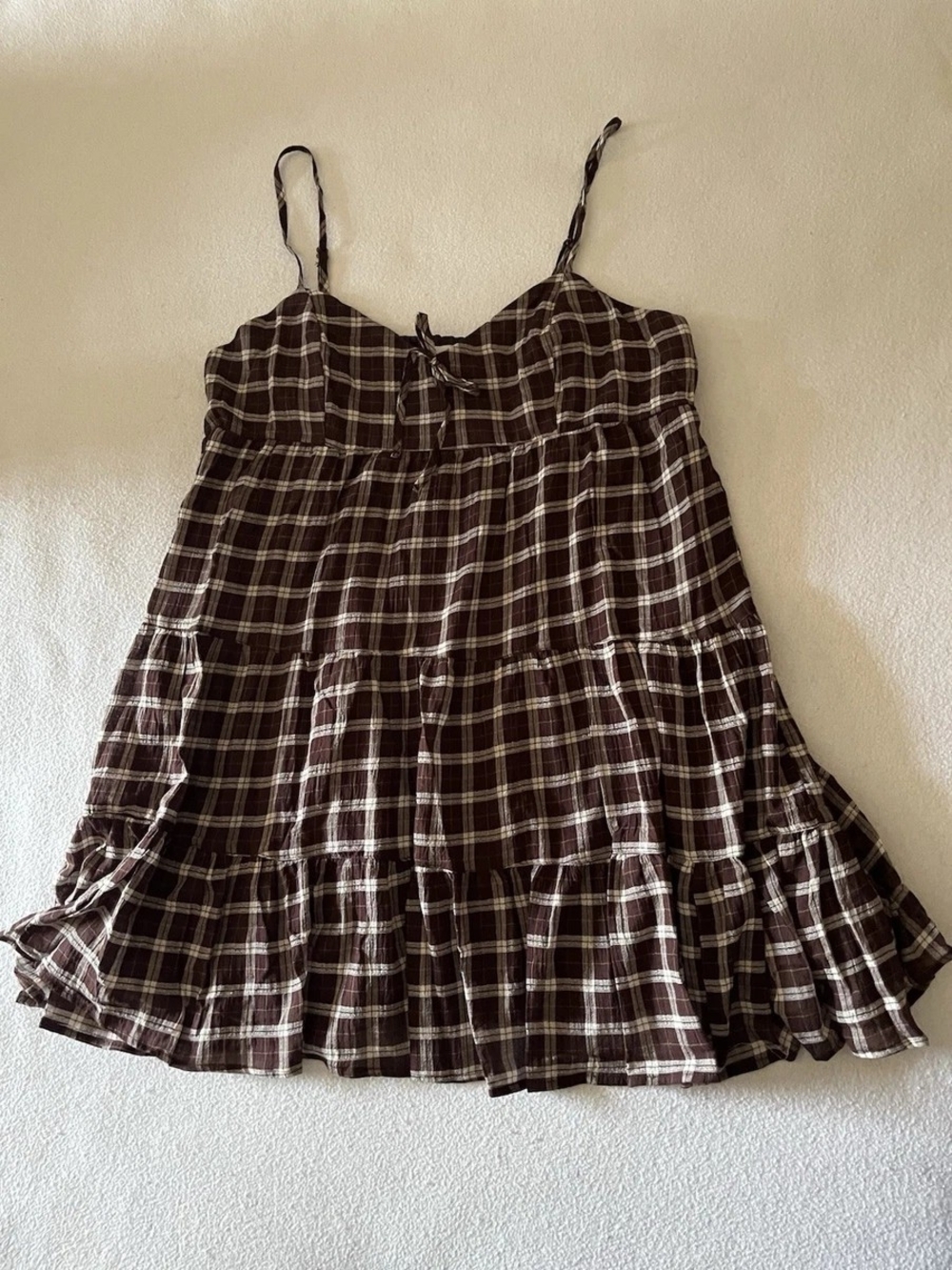 Brown Plaid Tiered Spaghetti Strap Women's Top